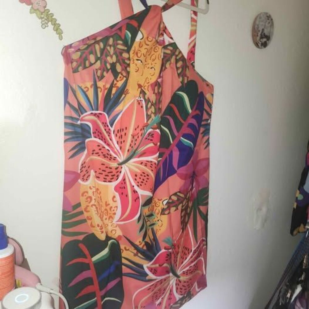 Colorful Tropical Print Twisted Halter Style Dress 4X